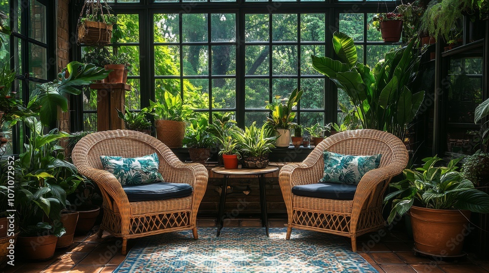 Aufkleber a charming seating arrangement featuring two woven chairs and a small table, surrounded by an array 