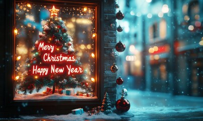 3D festive background with a Christmas tree adorned with ornaments and a snowy window, featuring "Merry Christmas and Happy New Year" in glowing letters