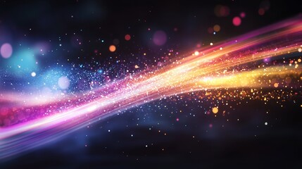 A colorful firework burst with glittering particles and bright light trails, set against a dark sky with a soft bokeh effect