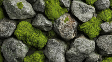 3D-rendered texture of mossy rocks with realistic growth details, highlighting natural beauty. Perfect for nature-themed web designs or eco campaigns, with high detail and natural lighting.