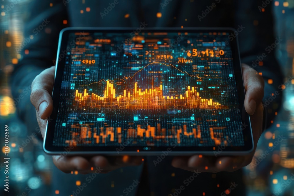 Poster person holding a tablet with a stock market graph displayed on the screen