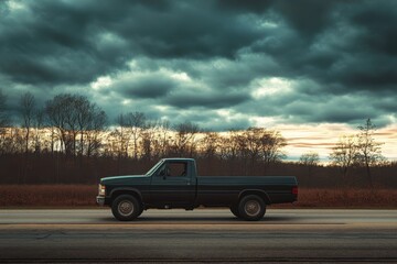 Dark pickup on a road under an overcast sky and trees