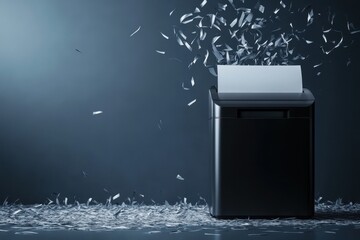 Dark shredder slicing paper on gray backdrop