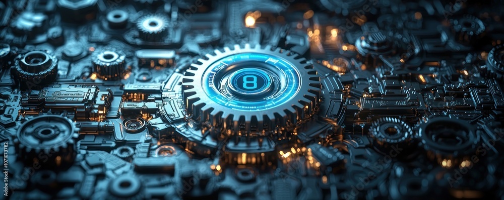 Poster a close-up of a futuristic gear displaying the number eight