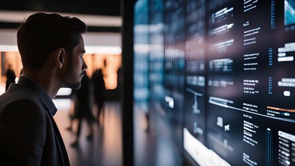 Fototapeta premium Businessman examining information on large digital display screen in office 