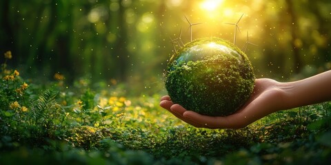 A Hand Holding a Green Earth Globe with Wind Turbines
