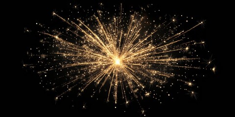 Obraz premium A golden firework burst with sparkling dust particles, illuminating a deep black background with a shimmering, celebratory feel