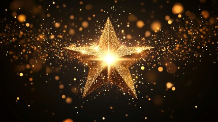 A golden firework explosion in the shape of a star, with sparkling particles radiating against a dark, black background, evoking holiday joy