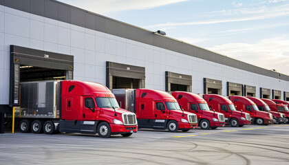 Row of red semi trucks are parked in a lot. The trucks are all the same color and are parked in a row