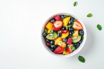 Fresh fruit salad in a white bowl against a white background Nutritious summer dish
