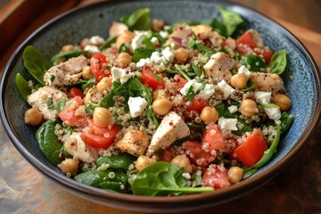 Fresh summer salad with quinoa chickpeas feta spinach and tomato