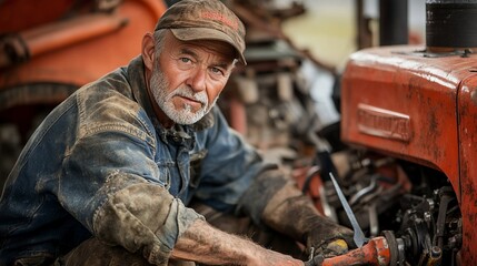 A Senior Man Working Diligently on a Vintage Tractor in a Rustic Farm Shed, Showcasing His Mechanical Skills and Dedication to Maintaining Agricultural Machinery