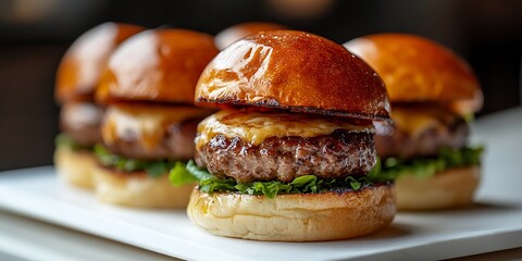 Succulent Beef Sliders With Melted Cheese and Fresh Greens Served on Toasted Brioche Buns in a Gourmet Setting