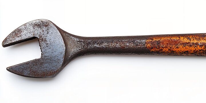 Rusty Wrench Resting on a White Background, Highlighting Its Wear and Tear From Years of Use in Various Mechanical Tasks at a Workshop
