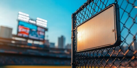 A Sunset Casts a Warm Glow Over a Baseball Stadium Fence as the Game Progresses in the Background During a Lively Summer Evening in the City