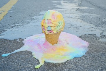 An artistic shot of melting ice cream on a hot pavement, with vibrant colors mixing together. 