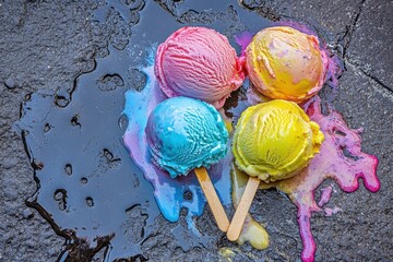 An artistic shot of melting ice cream on a hot pavement, with vibrant colors mixing together. 