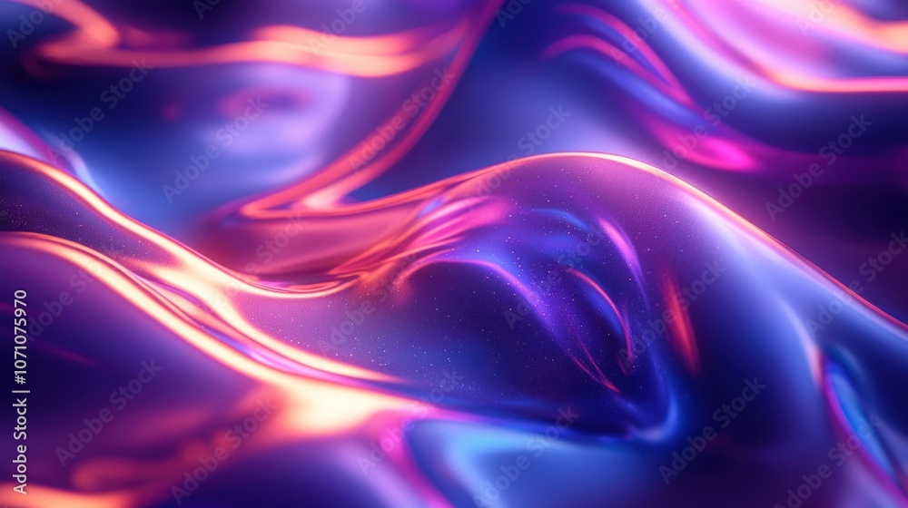 Poster abstract wavy surface with iridescent hues and shimmering particles
