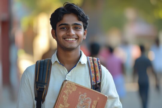 Grinning young Indian student with a bag and a book