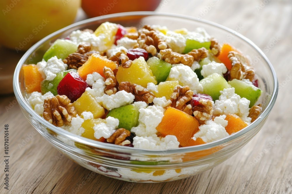 Sticker Healthy fruit salad topped with soft cottage cheese and walnuts in a glass bowl