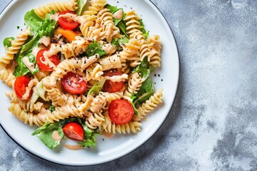 Healthy Chicken Caesar Pasta Salad served on a white plate