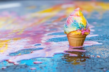 An artistic shot of melting ice cream on a hot pavement, with vibrant colors mixing together. 