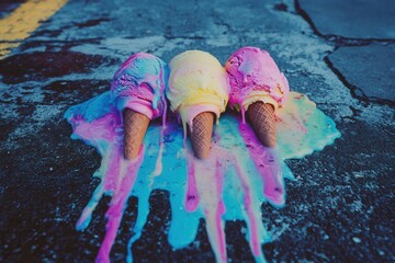An artistic shot of melting ice cream on a hot pavement, with vibrant colors mixing together. 
