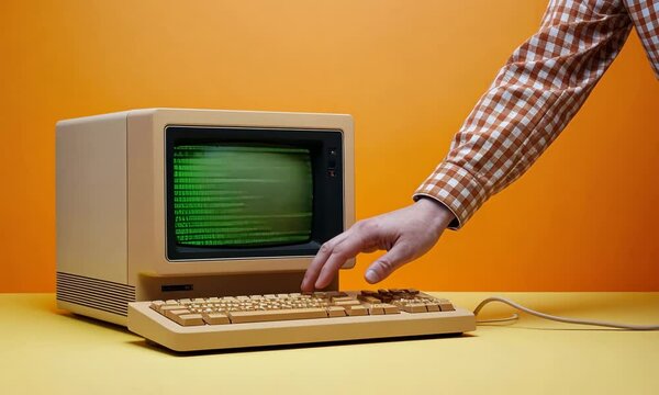 Retro personal computer or PC with loading code console, programmer making scripts, green basic screen. Vintage display or screen. Seamless loop animation