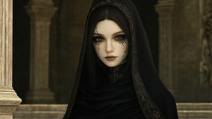 Naklejka premium Mysterious woman with intricate makeup and hooded cloak in ancient setting