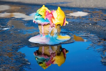 An artistic shot of melting ice cream on a hot pavement, with vibrant colors mixing together. 