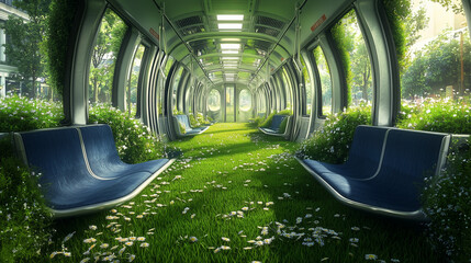 Lush greenery fills an empty subway car, transforming it into a serene garden with sunlight streaming through the windows
