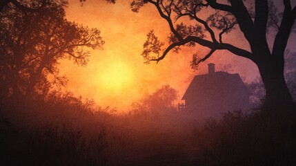 Naklejka premium Sunset silhouettes a tranquil evening over a rustic cabin