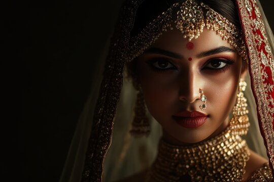 Image of an attractive woman as an Indian bride in traditional attire adorned with elaborate jewelry and makeup