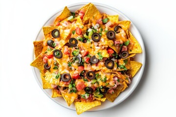 Isolated top down view of nachos on white
