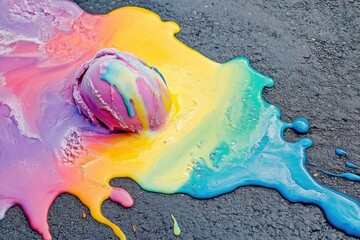 An artistic shot of melting ice cream on a hot pavement, with vibrant colors mixing together. 