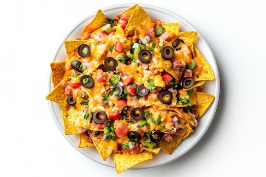 Isolated top down view of nachos on white