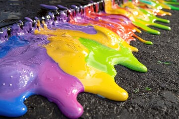 An artistic shot of melting ice cream on a hot pavement, with vibrant colors mixing together. 