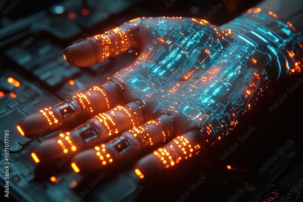 Poster a robotic hand with glowing circuitry