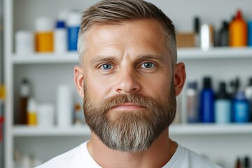 Obraz premium A bearded man poses confidently in a well-lit modern grooming studio filled with various products and equipment