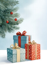 Beautifully wrapped gifts in festive colors under holiday tree, creating joyful atmosphere. scene captures essence of celebration and giving during festive season