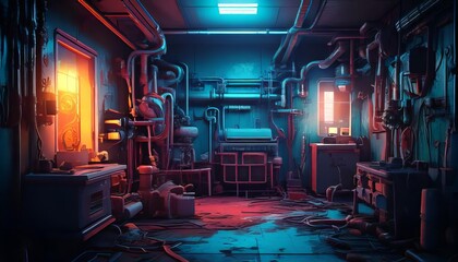 Unkept apartment, broken pipes, steam, surreal art.