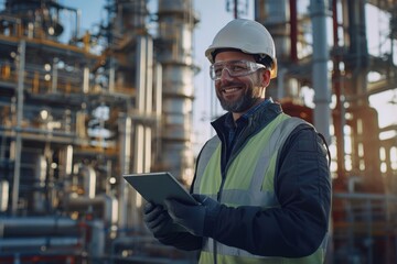 Worker or engineer in a protective helmet and vest standing with a tablet against the background of an industrial plant with space for text or inscriptions
