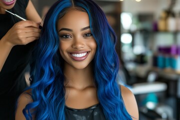 Fototapeta premium A vibrant young woman showing off her new blue hairstyle in a modern salon during a hair makeover session