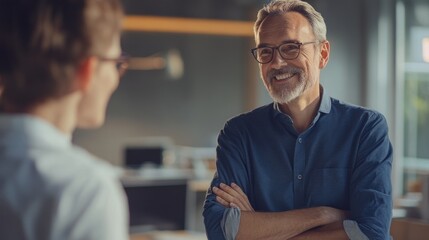 Obraz premium Man 40-50 years old smiling and talking to friend in room or room with folded arms and glasses, selective focus with space for text or inscriptions 