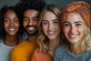 Fototapeta premium A diverse group of friends smiling together indoors during a casual gathering in a cozy space