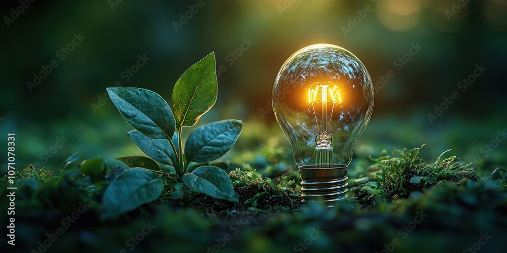 Poster a lit light bulb among greenery in a forest setting