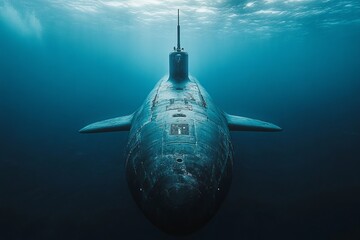 Submarine sailing through the ocean underwater front, close up view underwater with space for text or inscriptions
