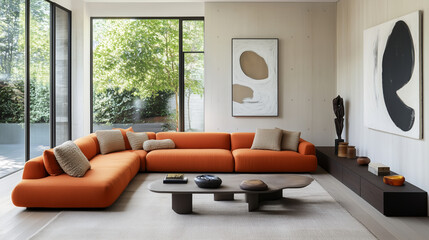 Interior design of modern living room with orange sofa and abstract wall art
