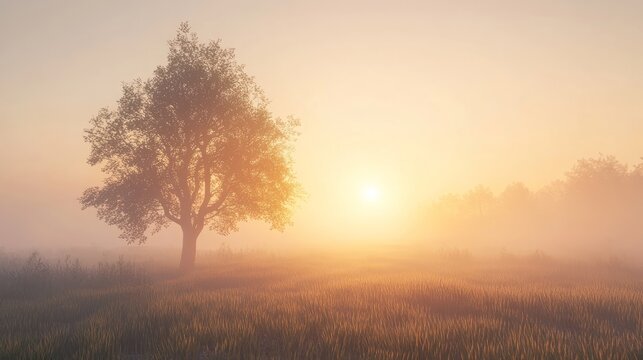 Morning landscape of a lonely tree among fog in a field and sunrise in the background with space for text or inscriptions

