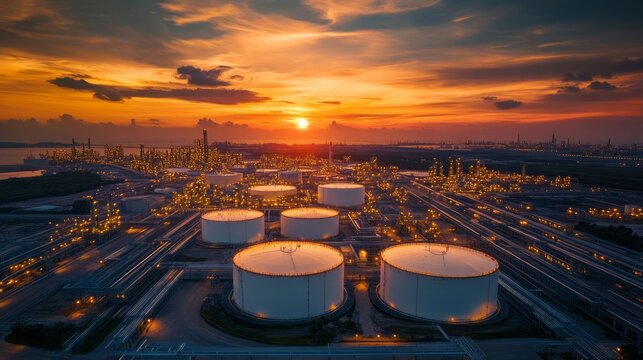 Aerial view of large oil tanks at the refinery with space for text or inscriptions

